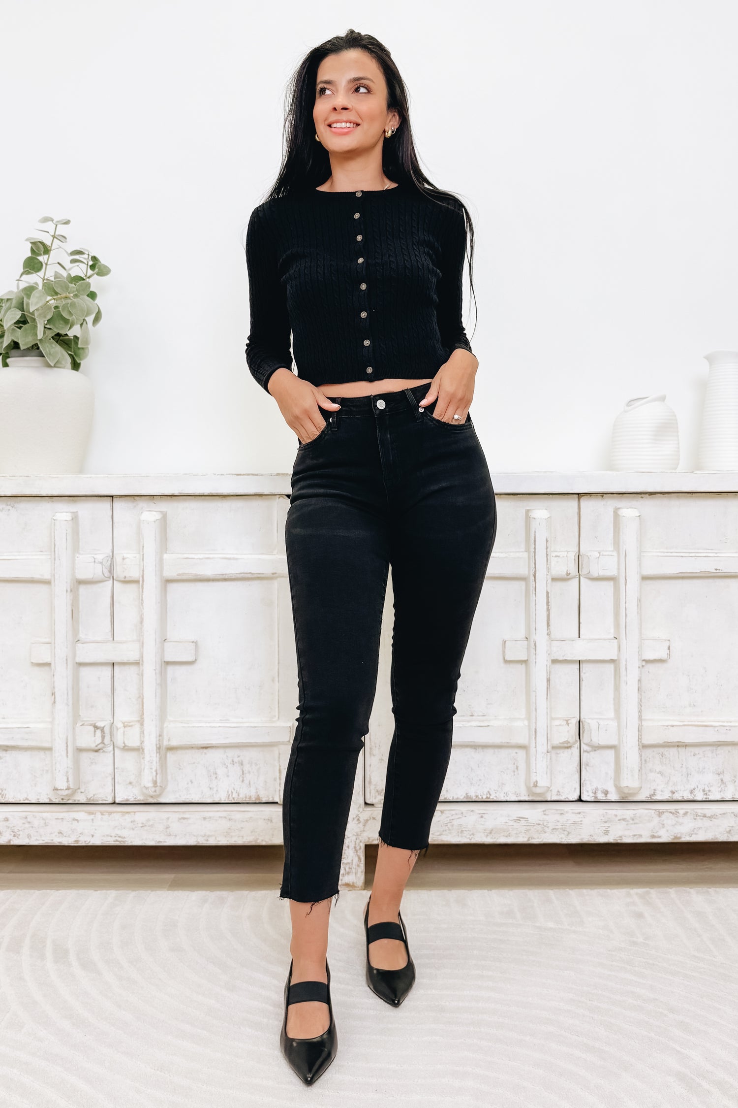 Polished & Poised By Mica - High Rise Raw Hem Skinny Jeans - Electric Black