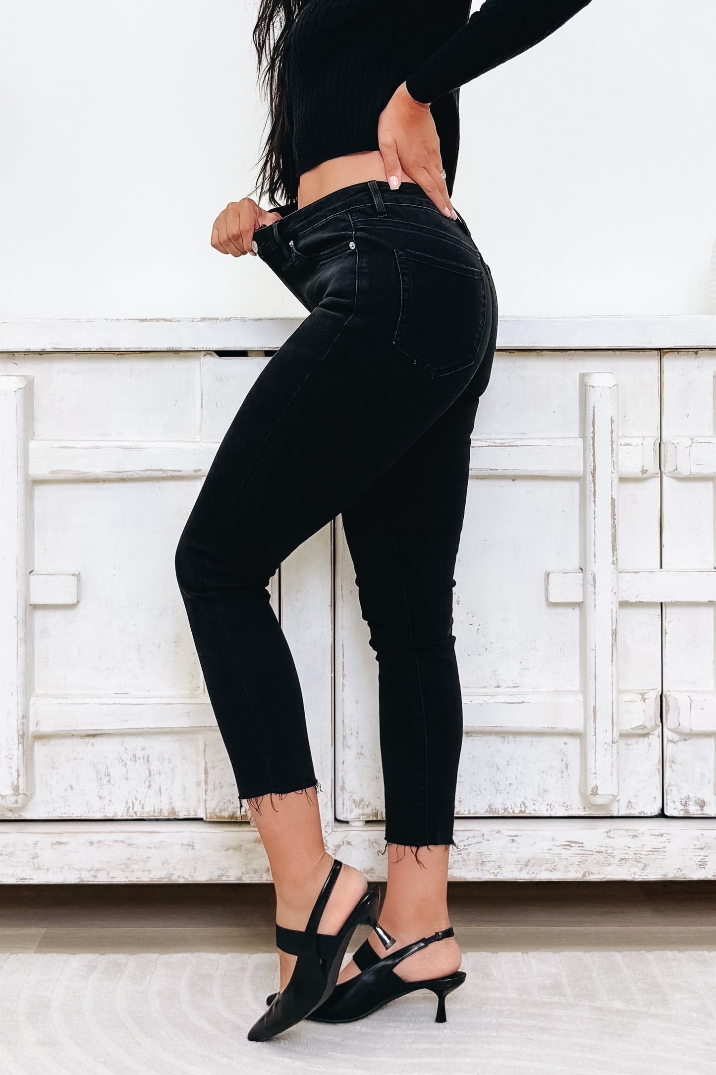 Polished & Poised By Mica - High Rise Raw Hem Skinny Jeans - Electric Black