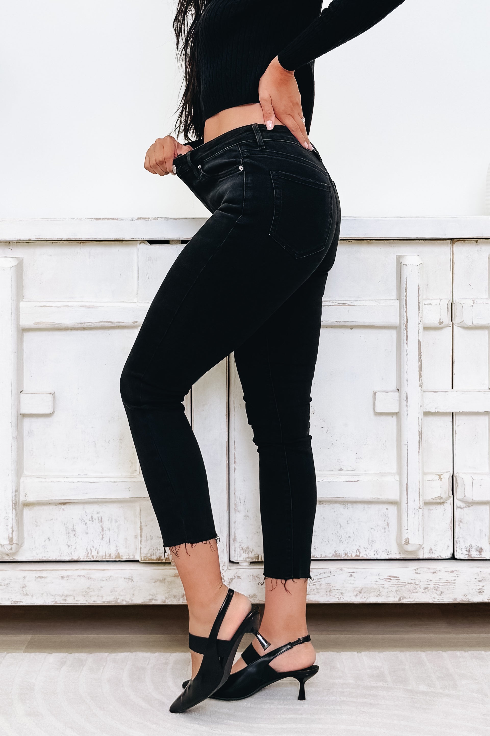 Polished & Poised By Mica - High Rise Raw Hem Skinny Jeans - Electric Black