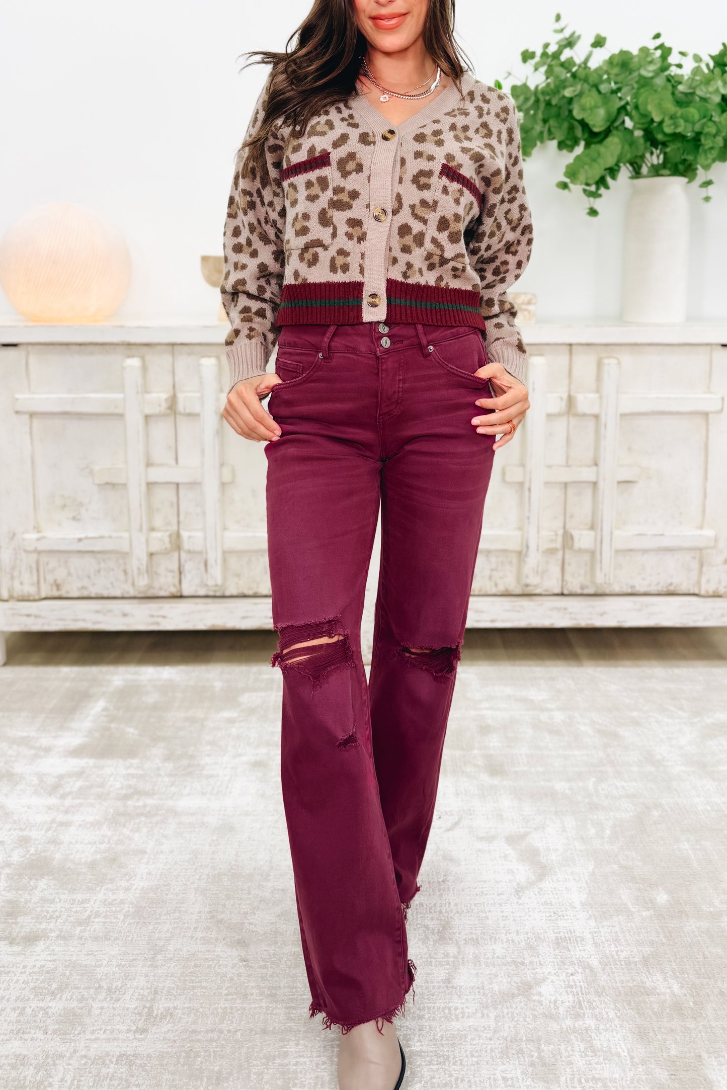 True Obsession By Denim BAR Label - High Rise Wide Leg Tummy Control Jeans - Burgundy