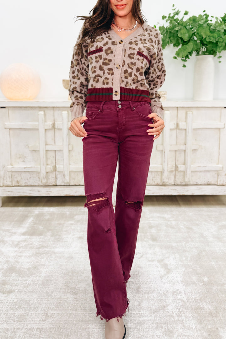 True Obsession By Denim BAR Label - High Rise Wide Leg Tummy Control Jeans - Burgundy