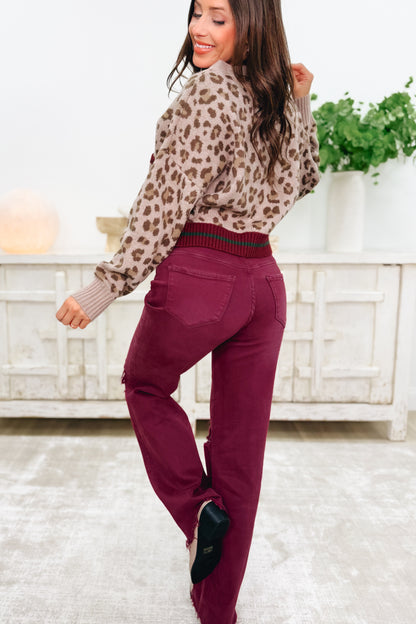 True Obsession By Denim BAR Label - High Rise Wide Leg Tummy Control Jeans - Burgundy