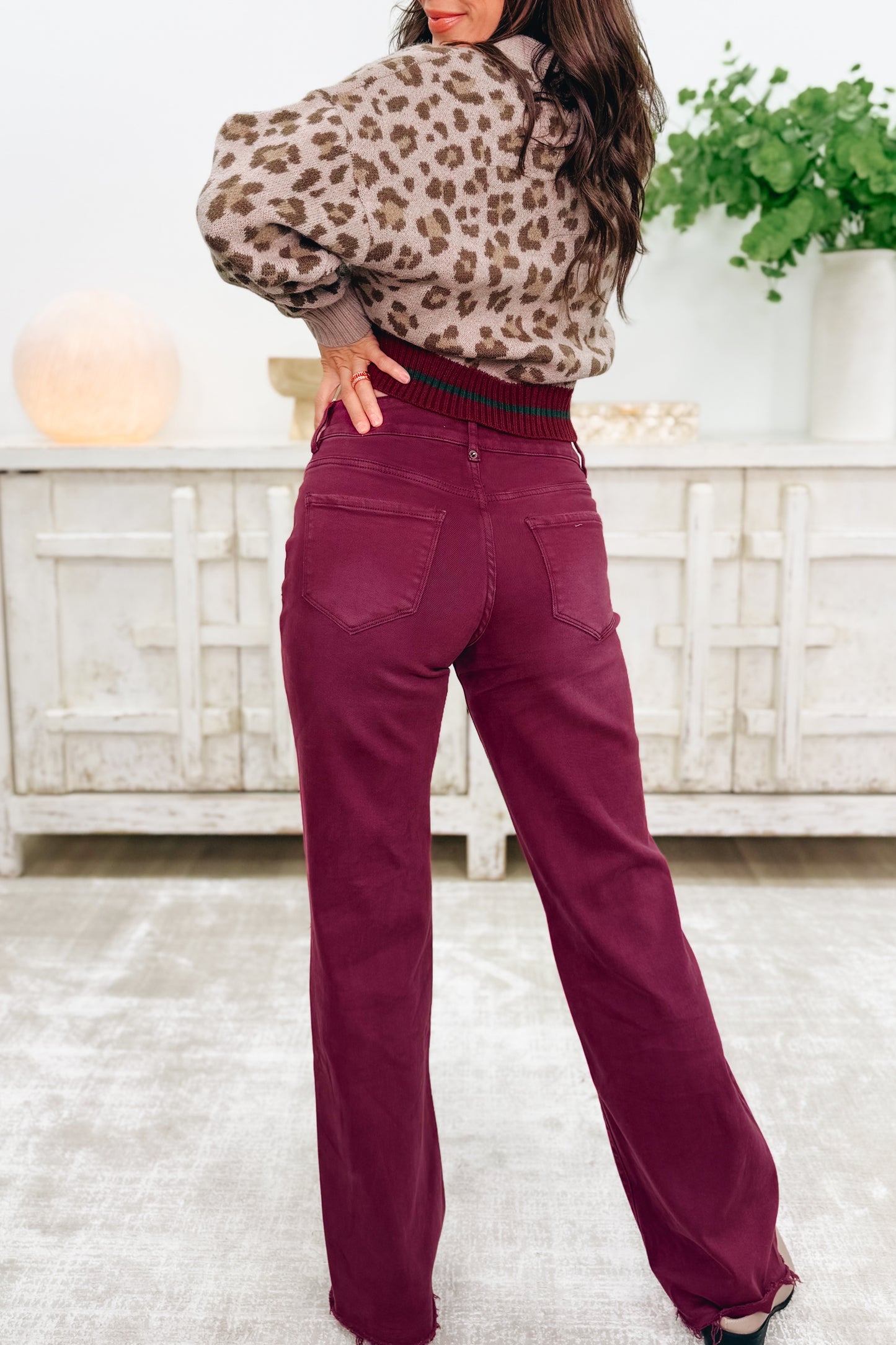 True Obsession By Denim BAR Label - High Rise Wide Leg Tummy Control Jeans - Burgundy