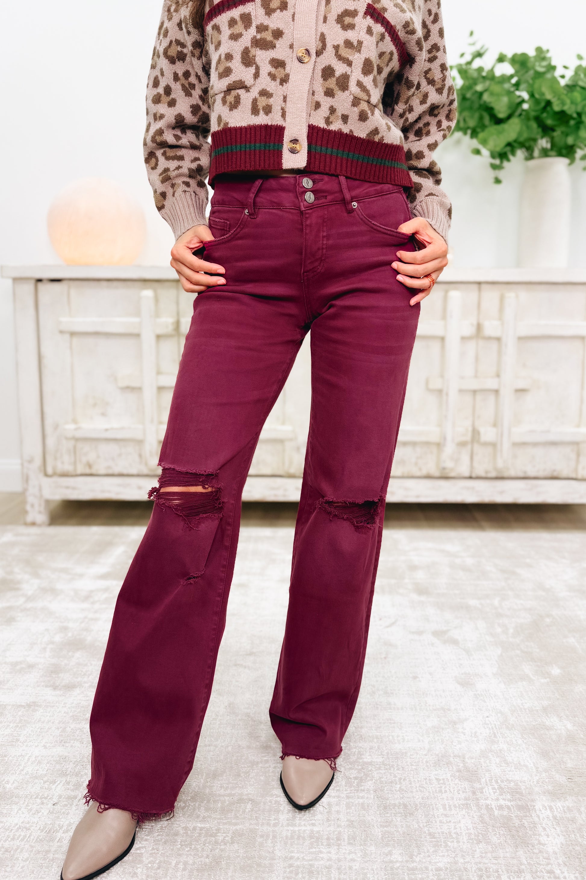 True Obsession By Denim BAR Label - High Rise Wide Leg Tummy Control Jeans - Burgundy