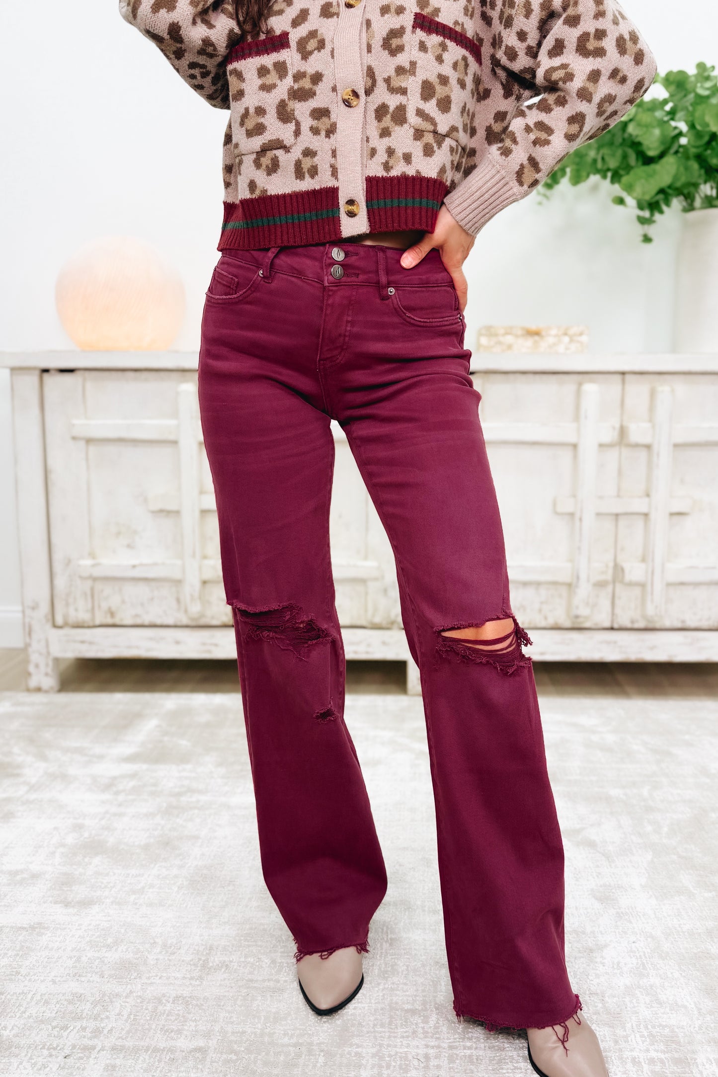 True Obsession By Denim BAR Label - High Rise Wide Leg Tummy Control Jeans - Burgundy