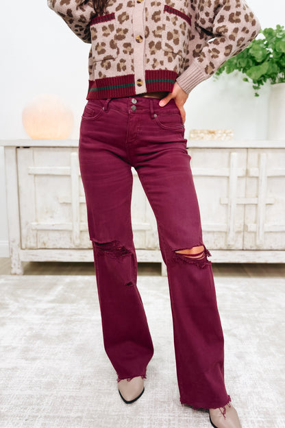 True Obsession By Denim BAR Label - High Rise Wide Leg Tummy Control Jeans - Burgundy