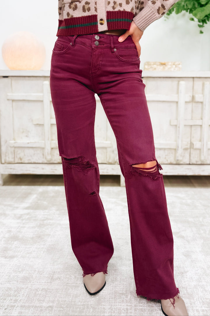 True Obsession By Denim BAR Label - High Rise Wide Leg Tummy Control Jeans - Burgundy