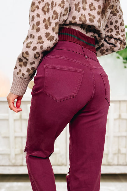 True Obsession By Denim BAR Label - High Rise Wide Leg Tummy Control Jeans - Burgundy