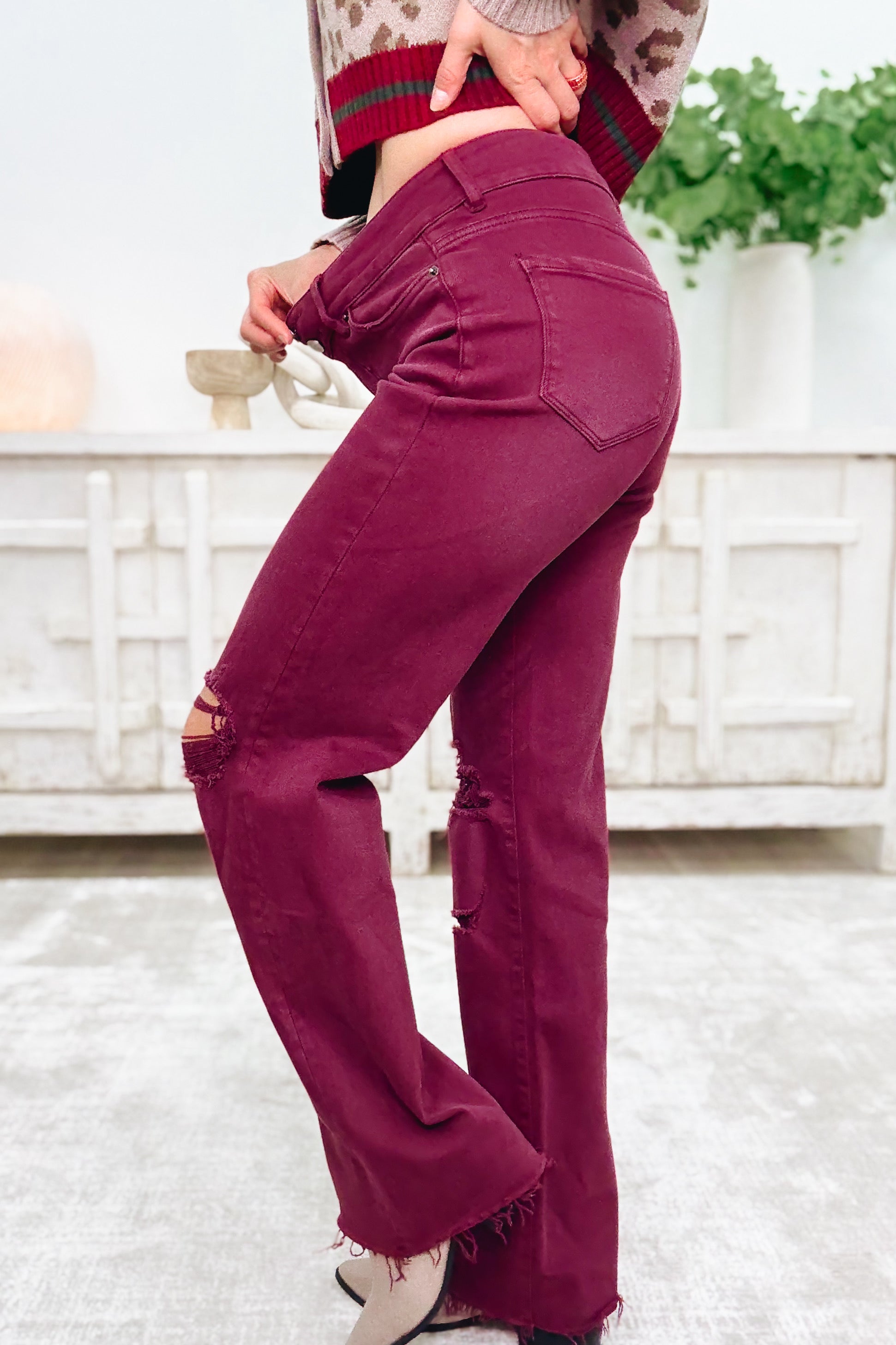 True Obsession By Denim BAR Label - High Rise Wide Leg Tummy Control Jeans - Burgundy