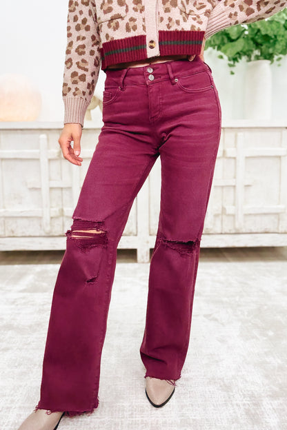 True Obsession By Denim BAR Label - High Rise Wide Leg Tummy Control Jeans - Burgundy