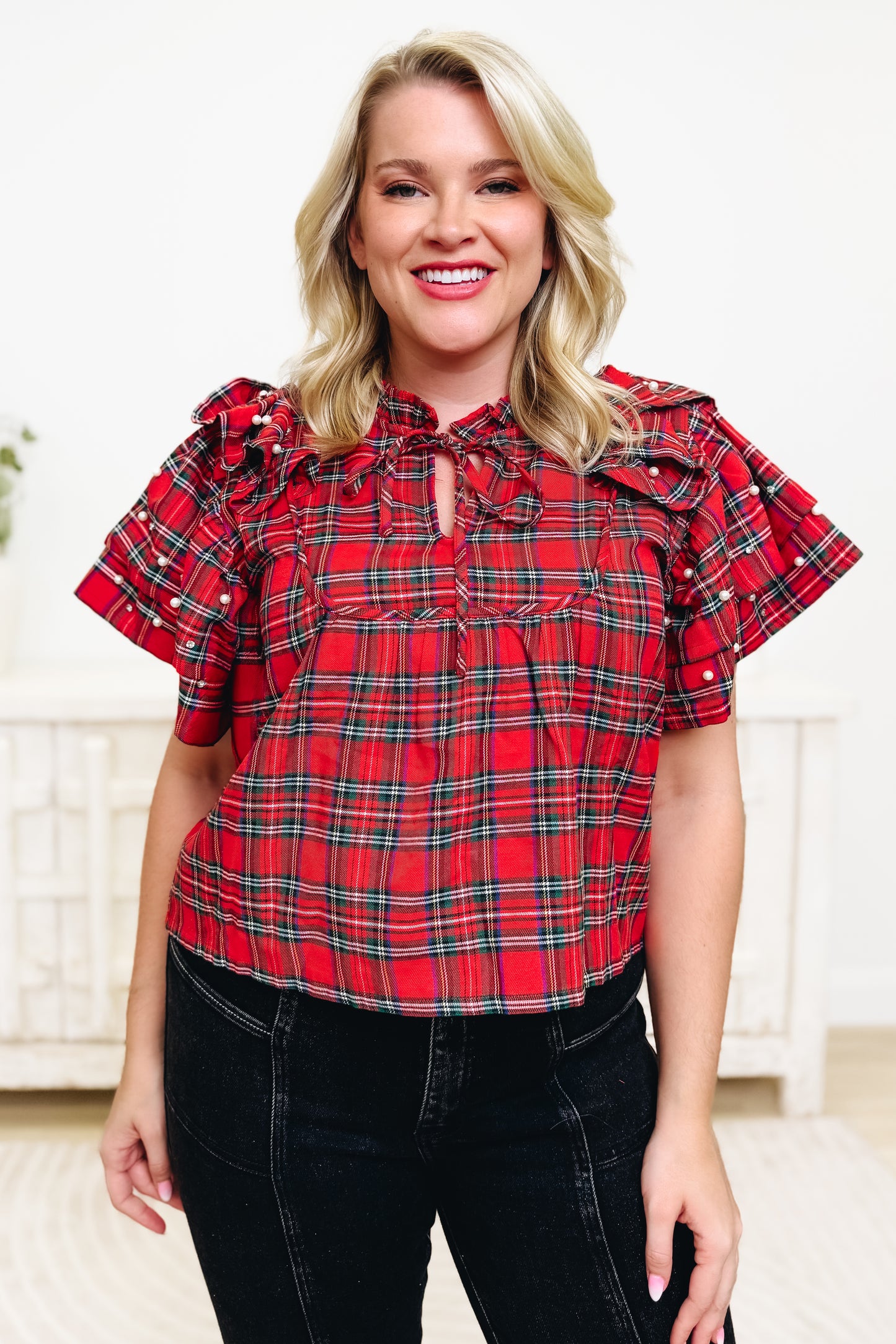 Christmas Bejeweled Plaid Top
