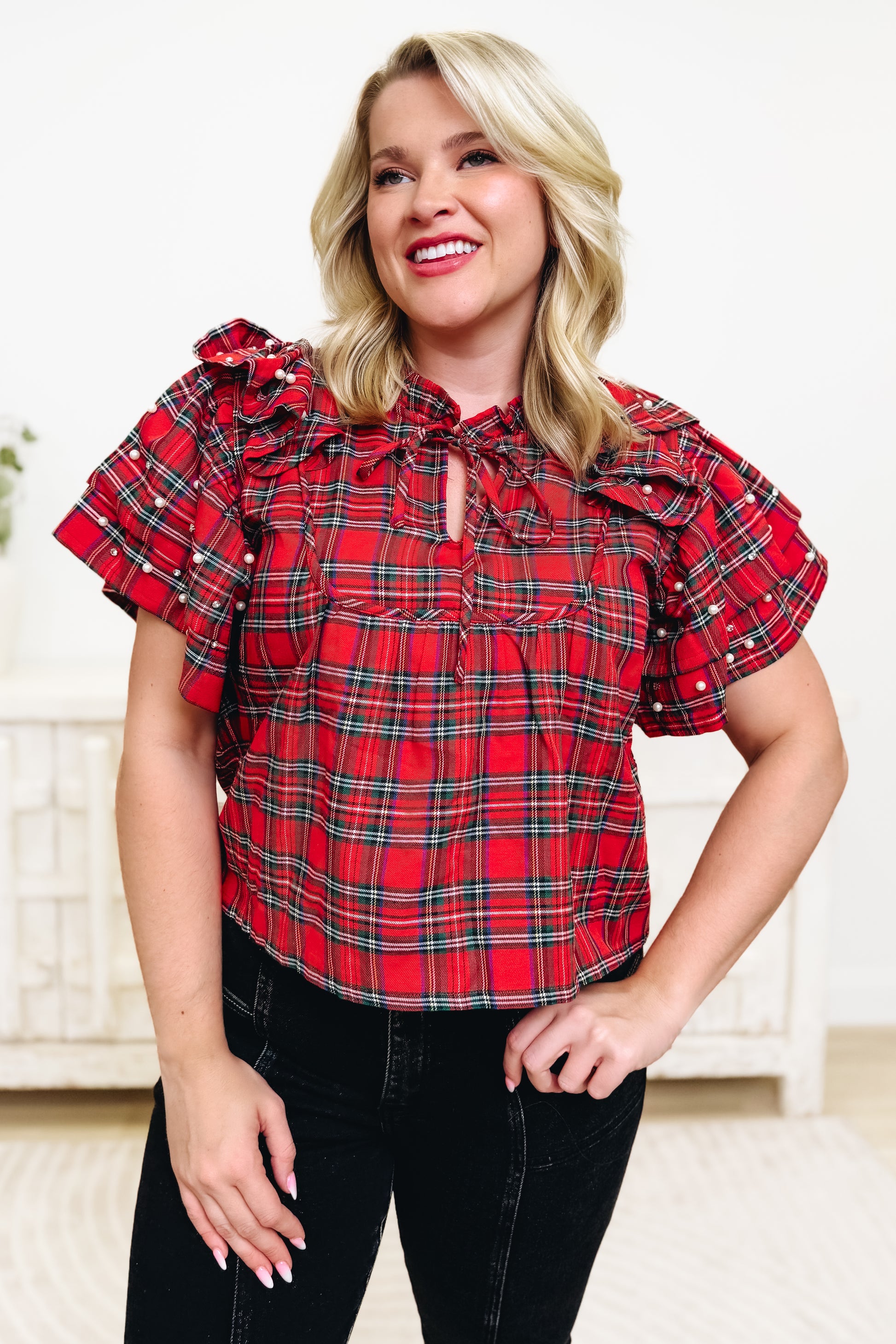 Christmas Bejeweled Plaid Top