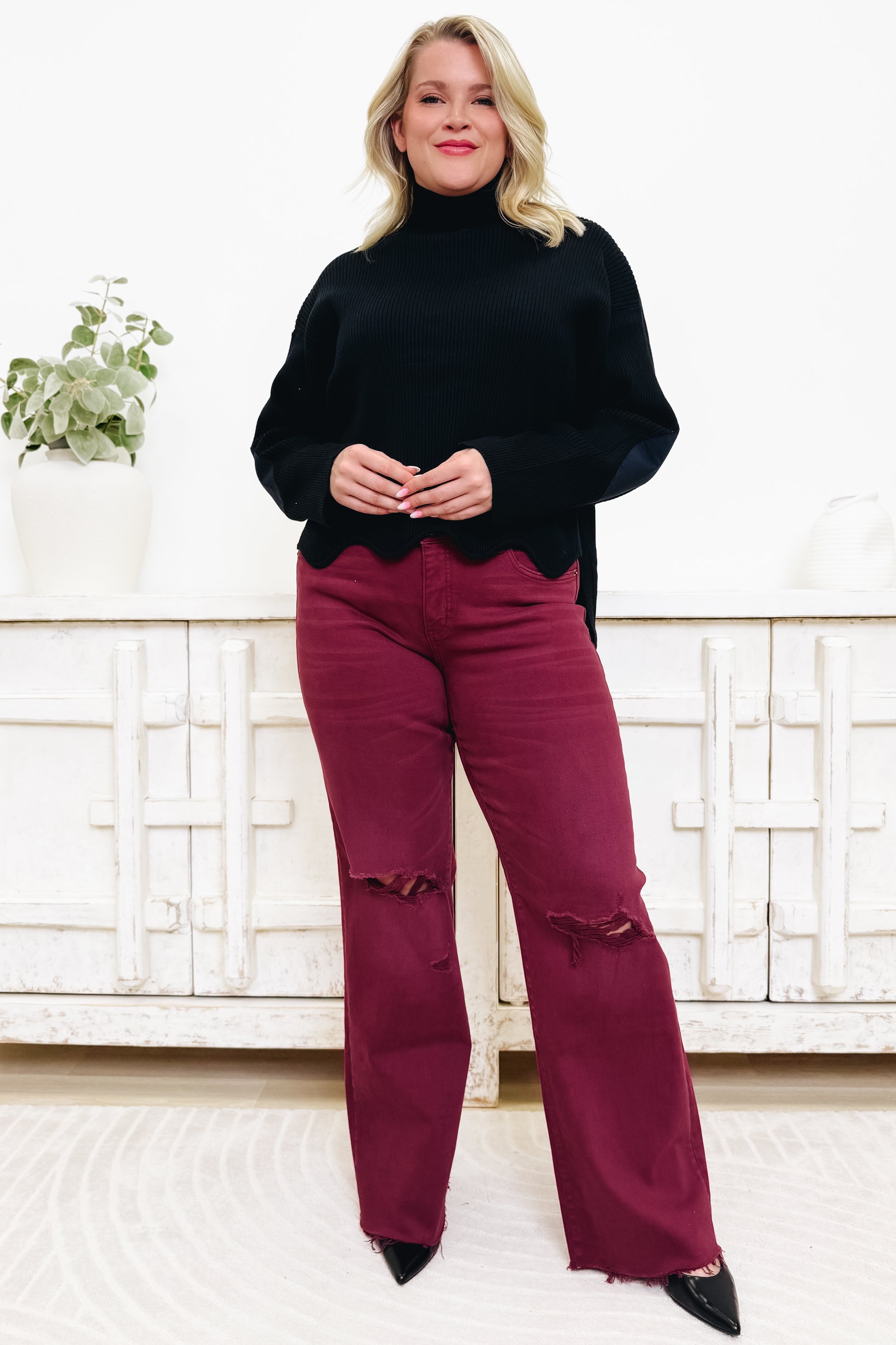 True Obsession By Denim BAR Label - High Rise Wide Leg Tummy Control Jeans - Burgundy