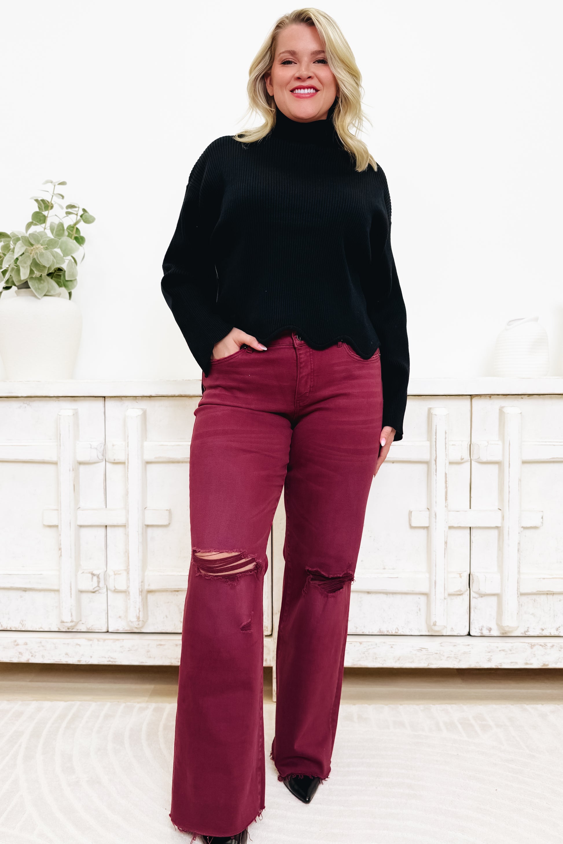 True Obsession By Denim BAR Label - High Rise Wide Leg Tummy Control Jeans - Burgundy