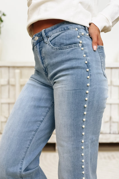 Pop The Bubbly By Mica -  High Rise Wide Leg Pearl Jeans - Ivy Indigo