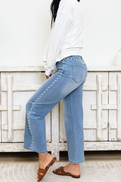 Pop The Bubbly By Mica -  High Rise Wide Leg Pearl Jeans - Ivy Indigo