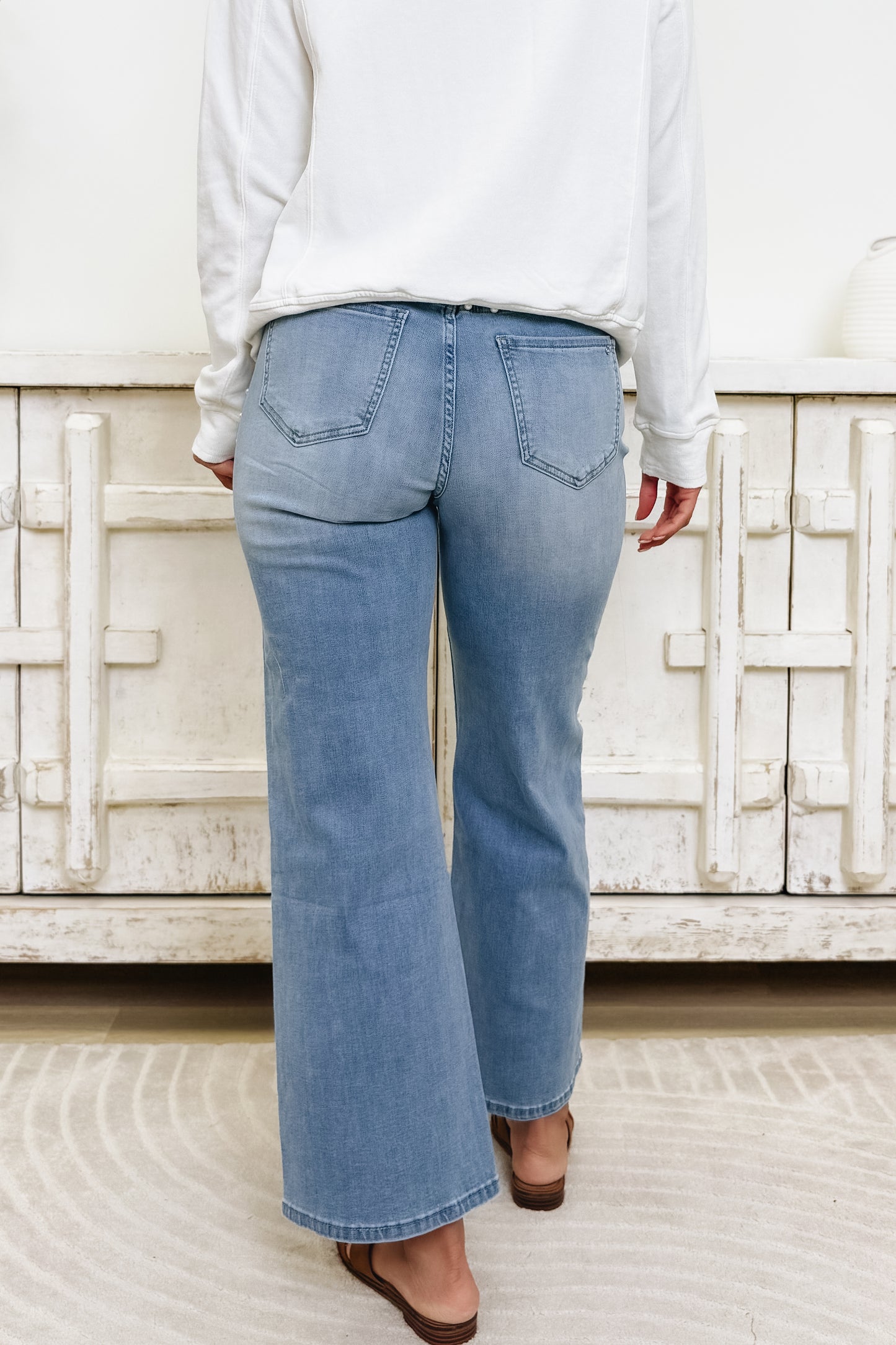 Pop The Bubbly By Mica -  High Rise Wide Leg Pearl Jeans - Ivy Indigo