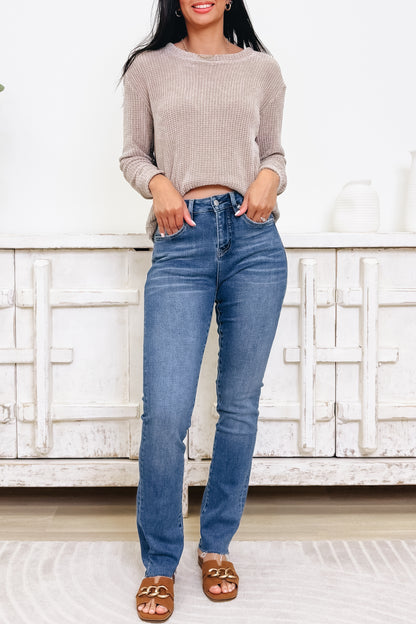 Set The Tone By Mica - High Rise Raw Hem Straight Leg Jeans