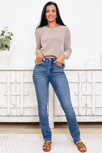 Set The Tone By Mica - High Rise Raw Hem Straight Leg Jeans