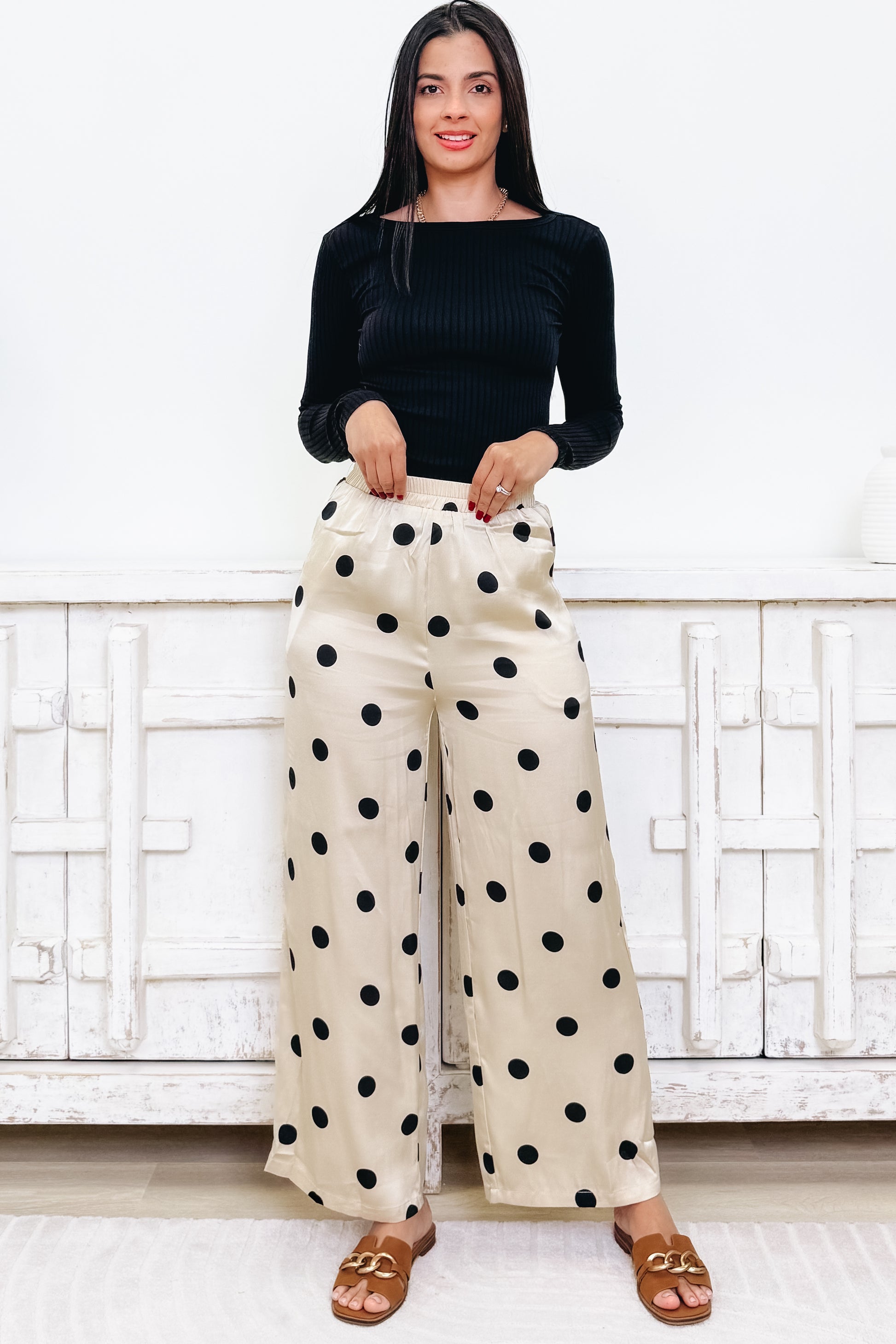 Spotlight On You Polka Dot Pants - Taupe Black Dots
