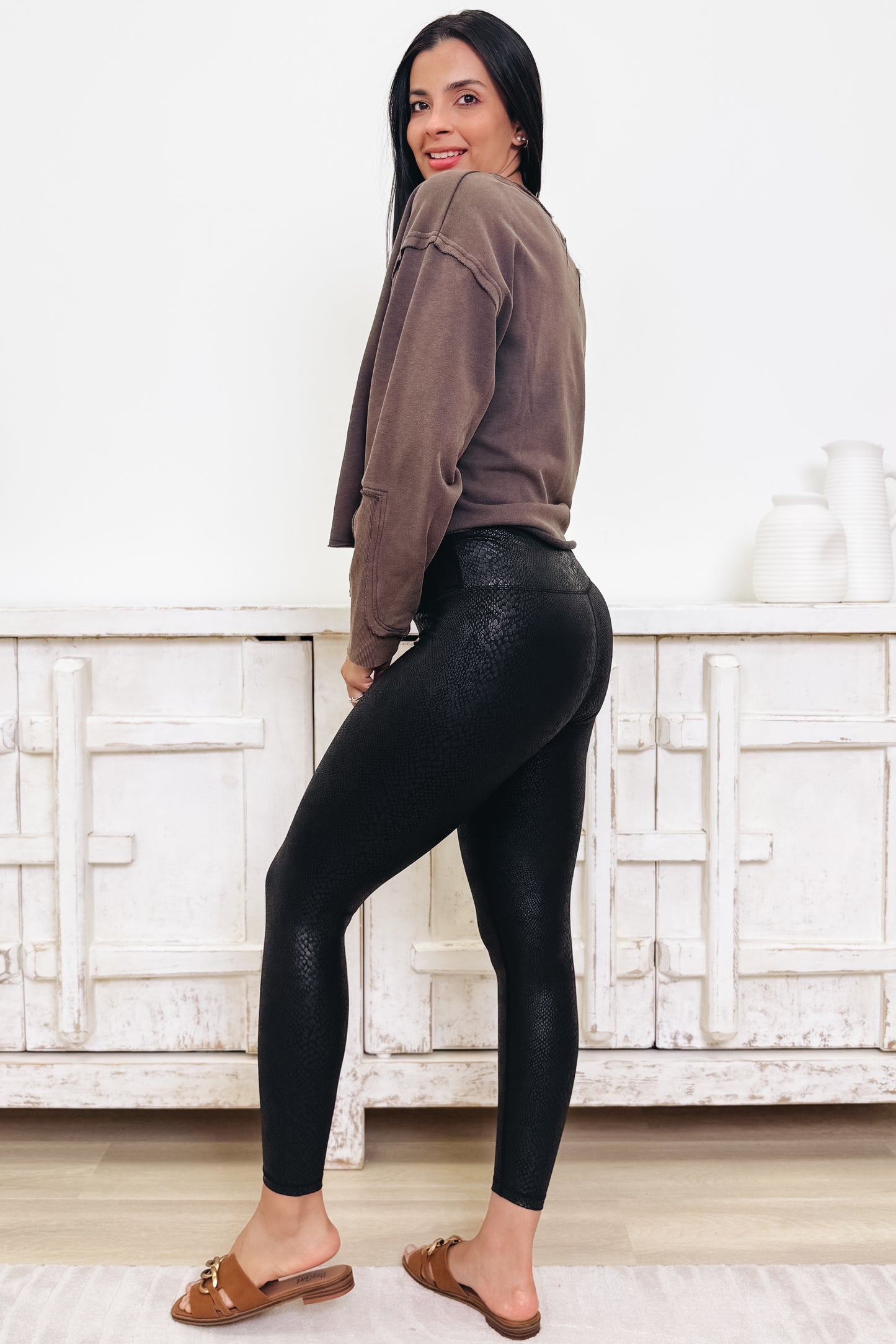 Gloss Boss Snakeskin Active Faux Leather Leggings - Black