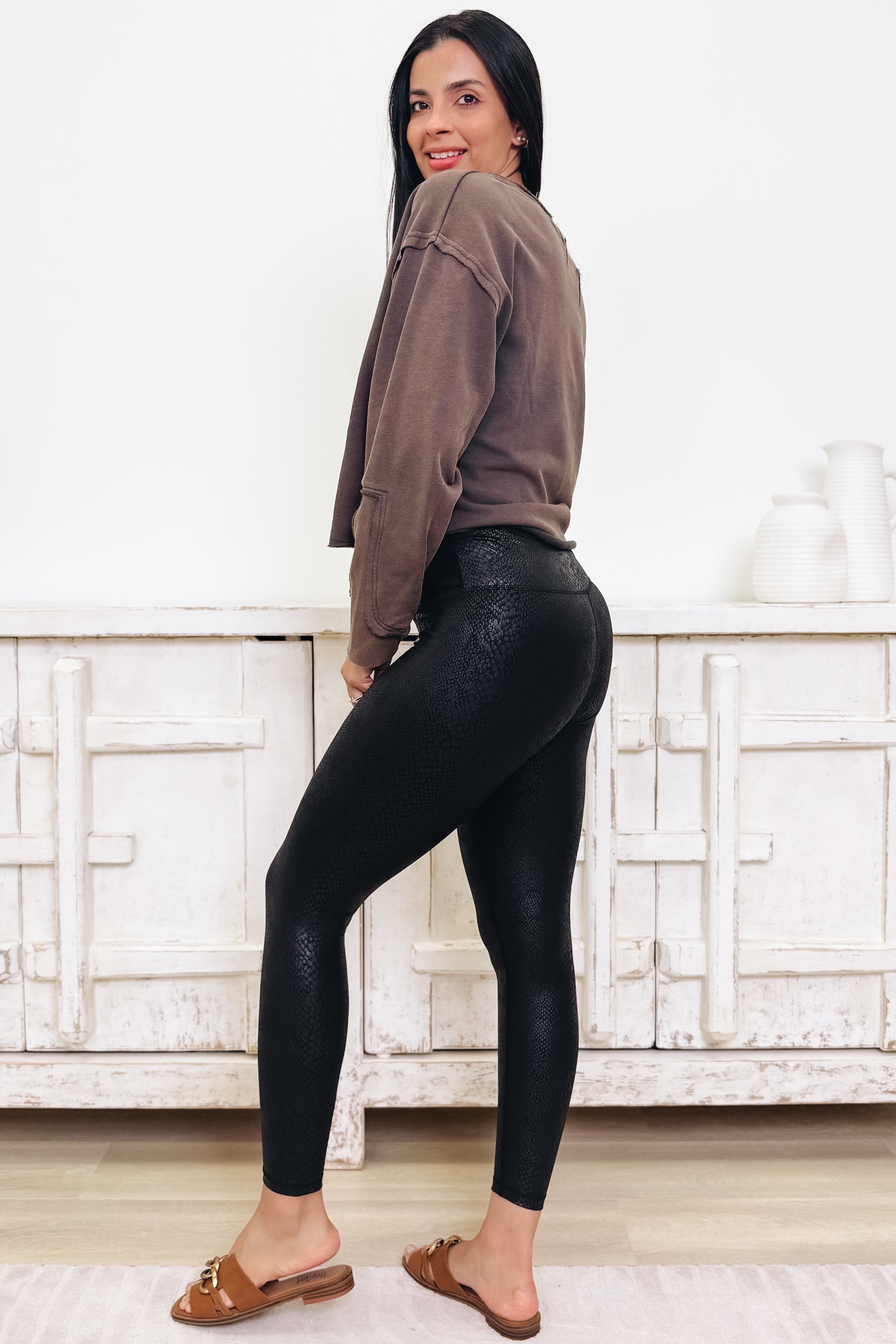 Gloss Boss Snakeskin Active Faux Leather Leggings - Black