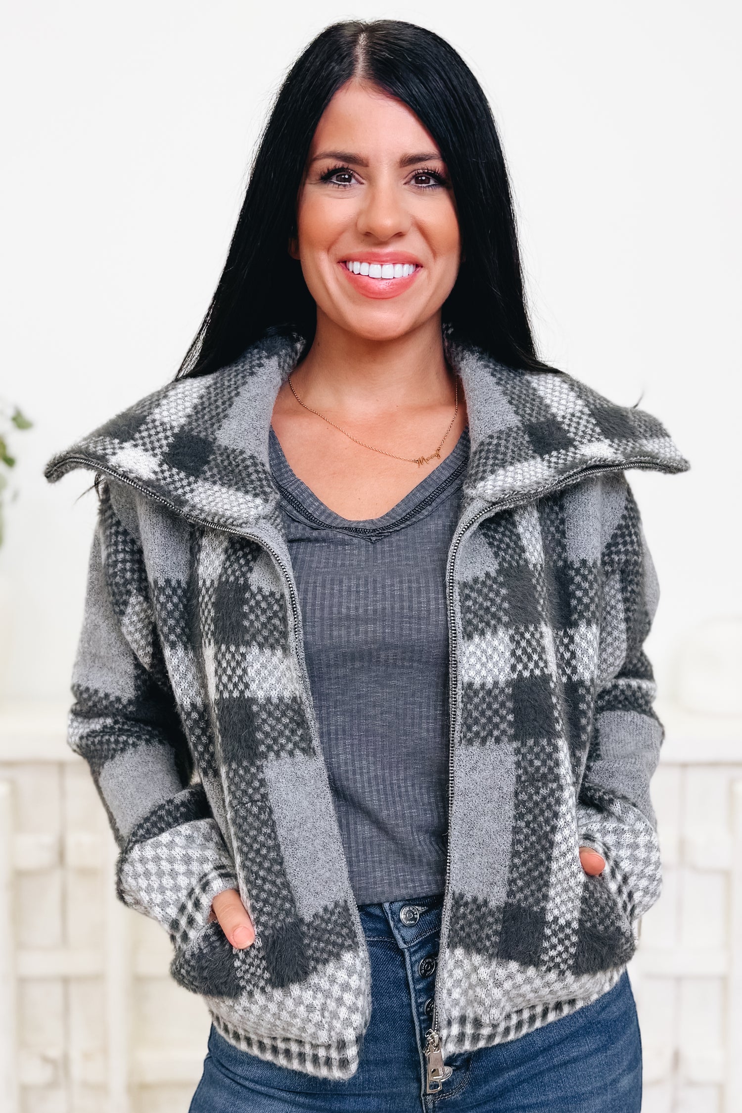 Gridlocked Checkered Sweater Jacket- 2 Colors!