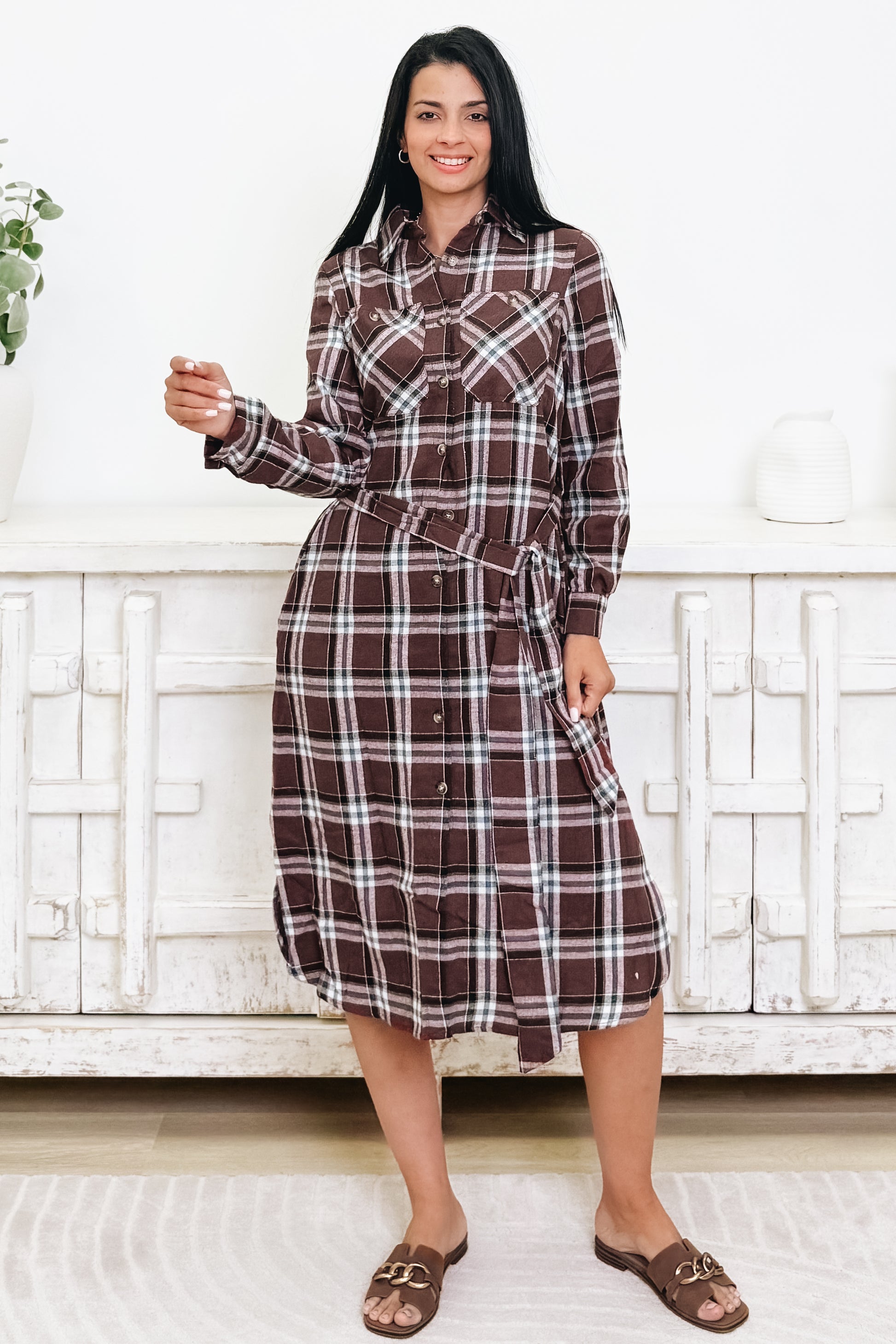 Cultivated Culture Plaid Belted Button Down Dress