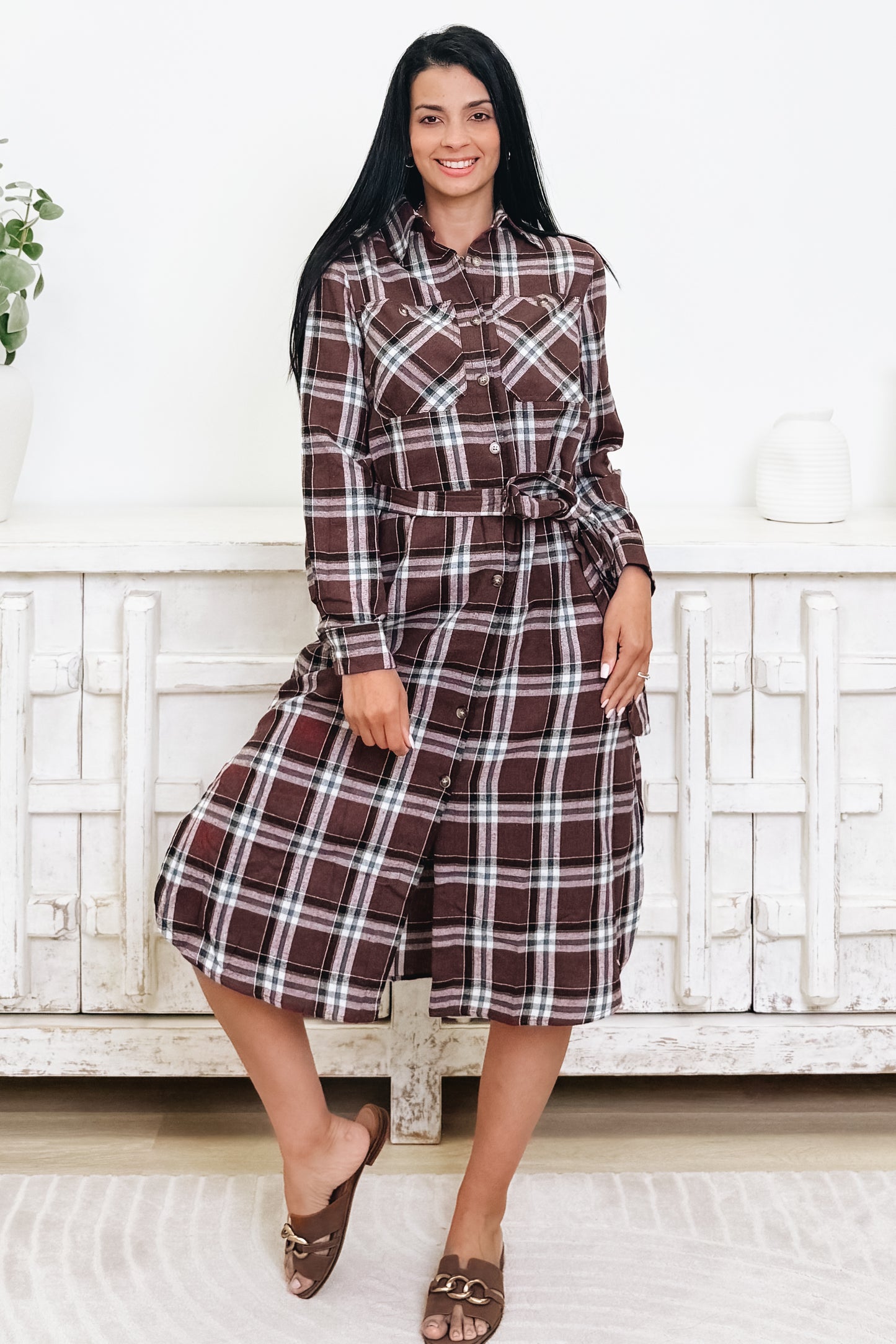 Cultivated Culture Plaid Belted Button Down Dress