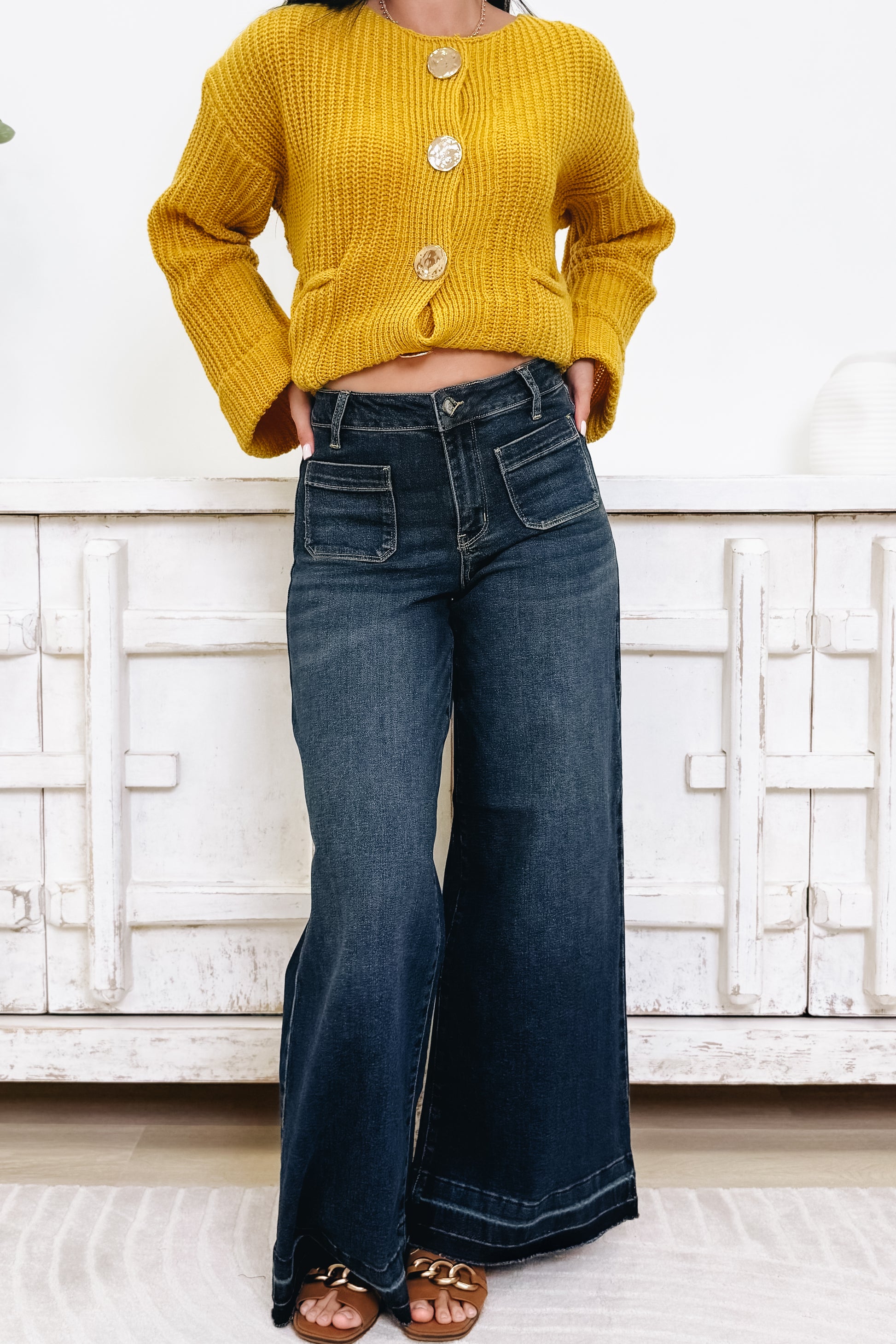 Groove Thang By Judy Blue - High Rise Palazzo Patch Pockets Jeans - Dark