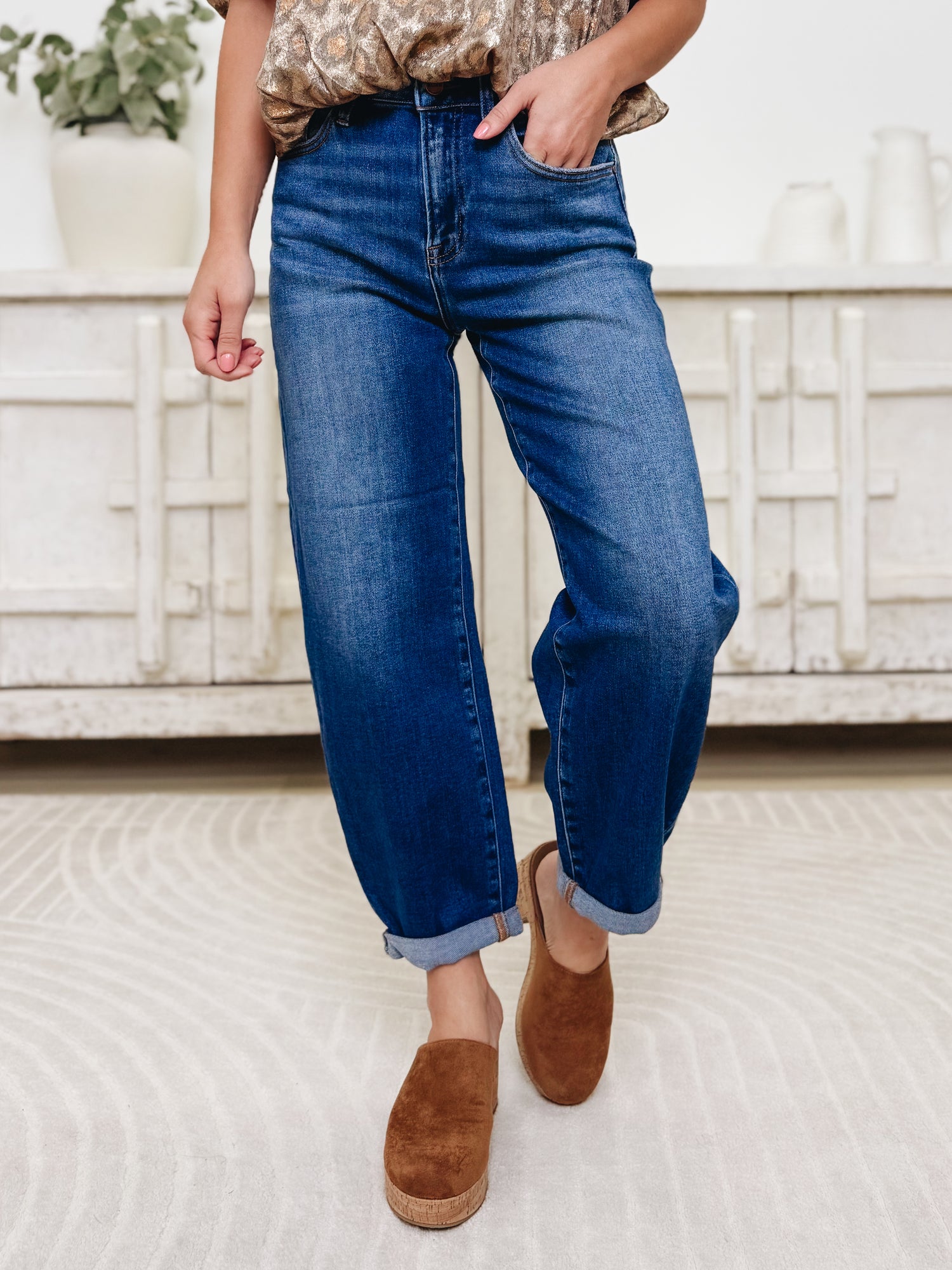 The Easy Roll By Risen - High Rise Crop Mild Barrel Jeans - Dark