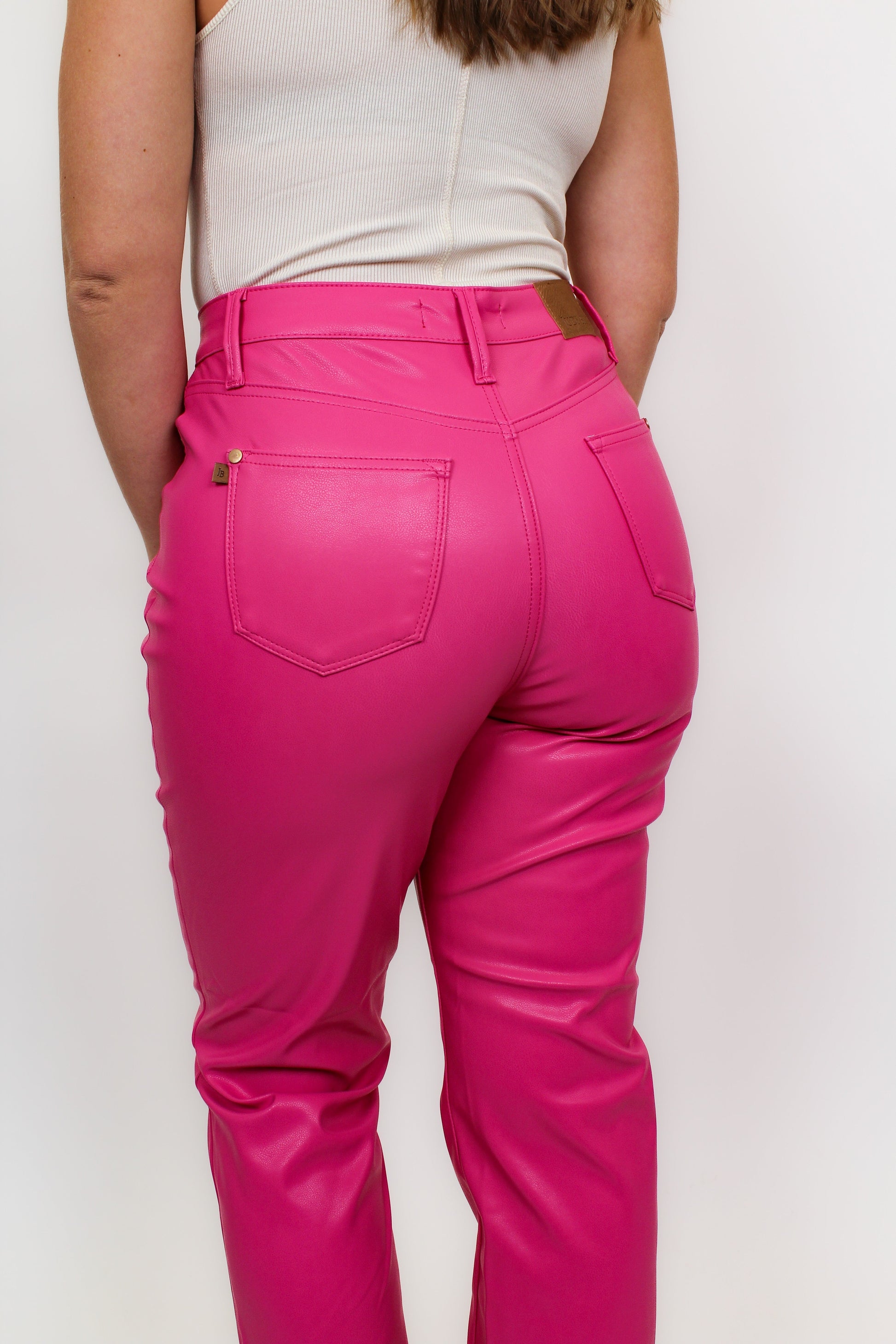 Judy Blue Barbie Girl Tummy Control Faux Leather Pants - Hot Pink
