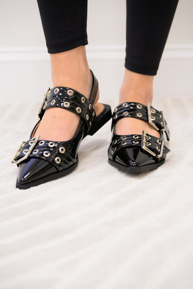 Rivets Pointed Toe Mary Jane Flats - Black