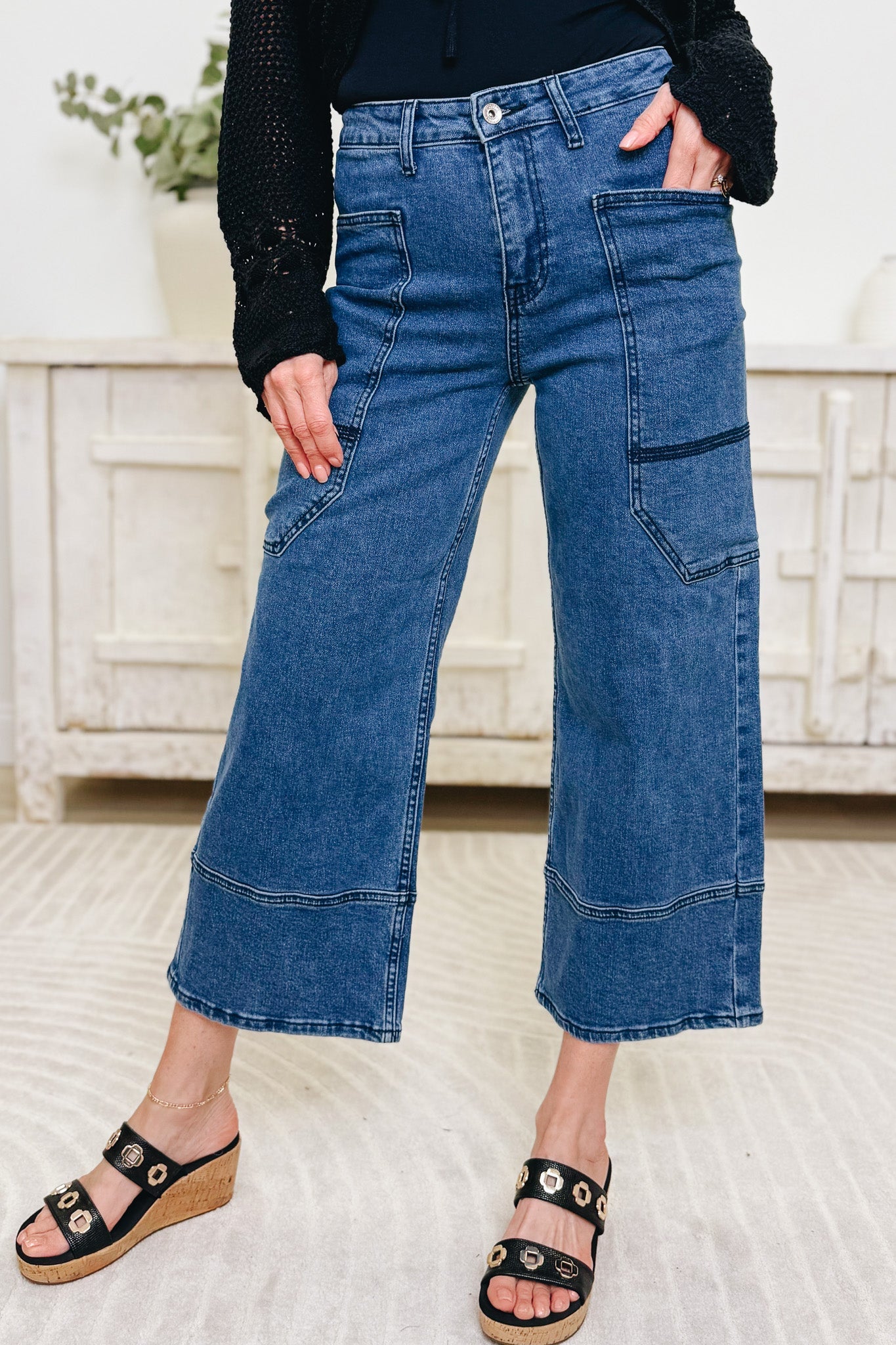 Unique Apparel By Saige Denim - Wide Leg Utility Jeans - Dark