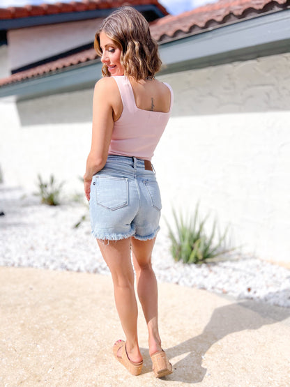 Judy Blue Boardwalk High Rise Frayed Hem Cut Off Dad Shorts