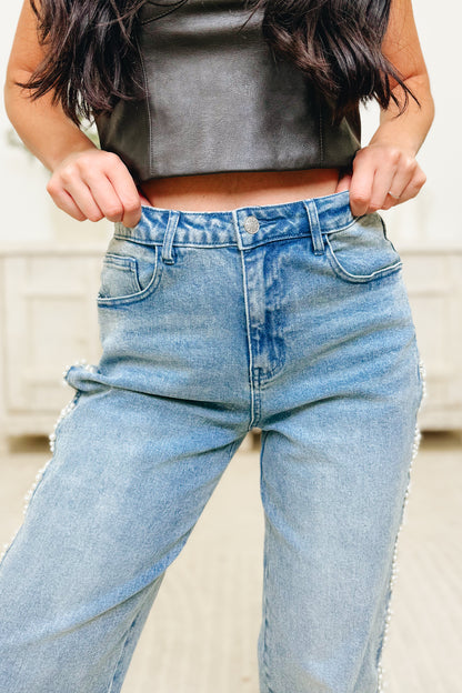 Pearl Pop By Blue B. - Mid Rise Pearl Embellished Straight Leg Jeans - Medium Wash