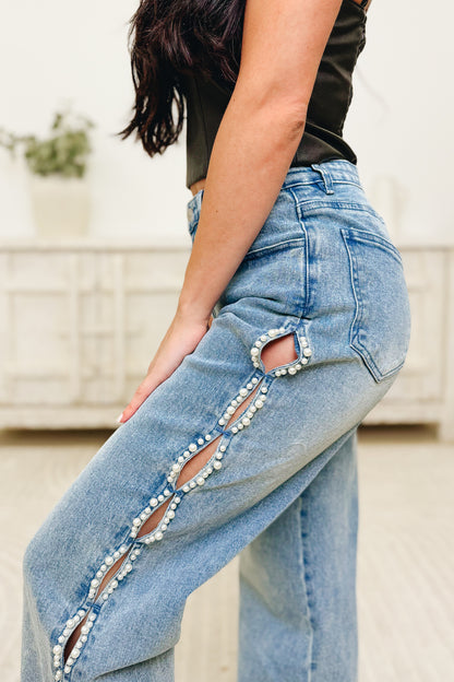 Pearl Pop By Blue B. - Mid Rise Pearl Embellished Straight Leg Jeans - Medium Wash