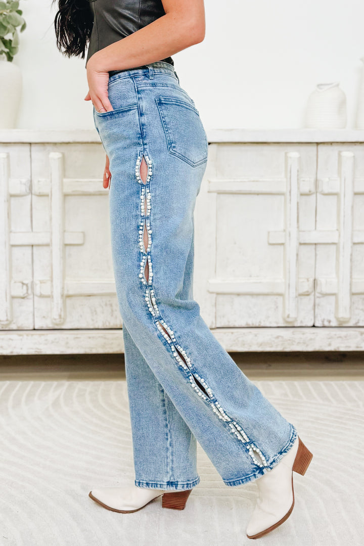 Pearl Pop By Blue B. - Mid Rise Pearl Embellished Straight Leg Jeans - Medium Wash