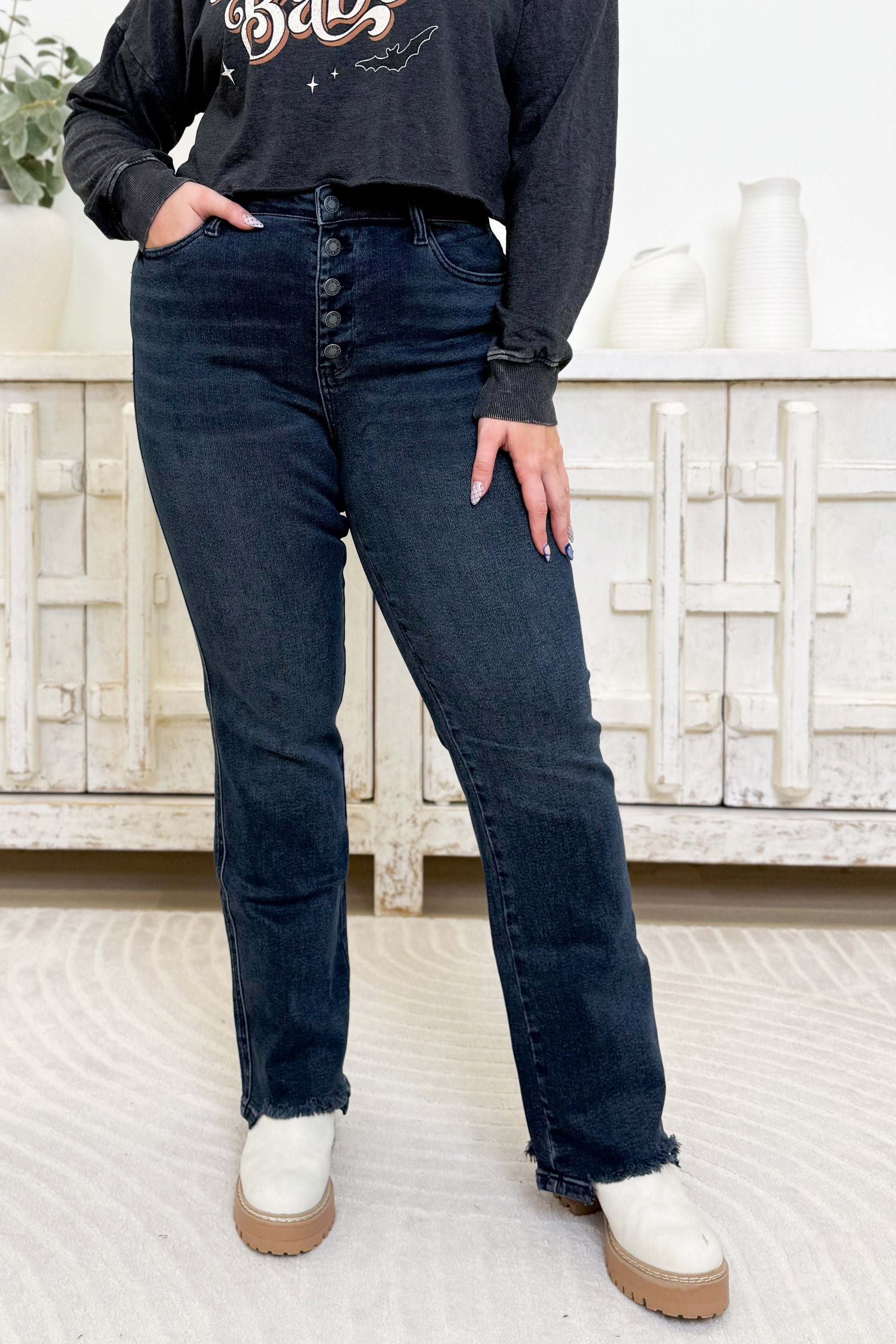 Button Up Buttercup By Judy Blue - High Rise Button Fly Hem Destroy Straight Jeans