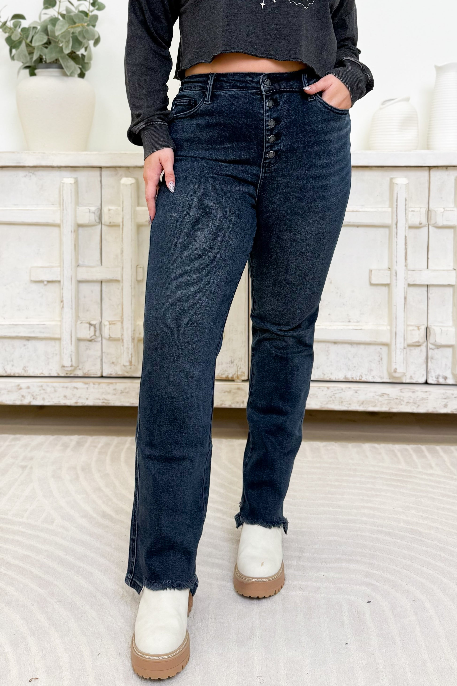 Button Up Buttercup By Judy Blue - High Rise Button Fly Hem Destroy Straight Jeans