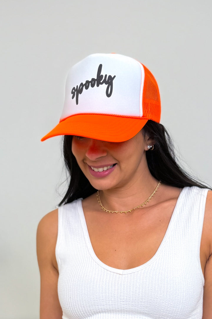 Spooky Trucker Hat - Neon Orange White