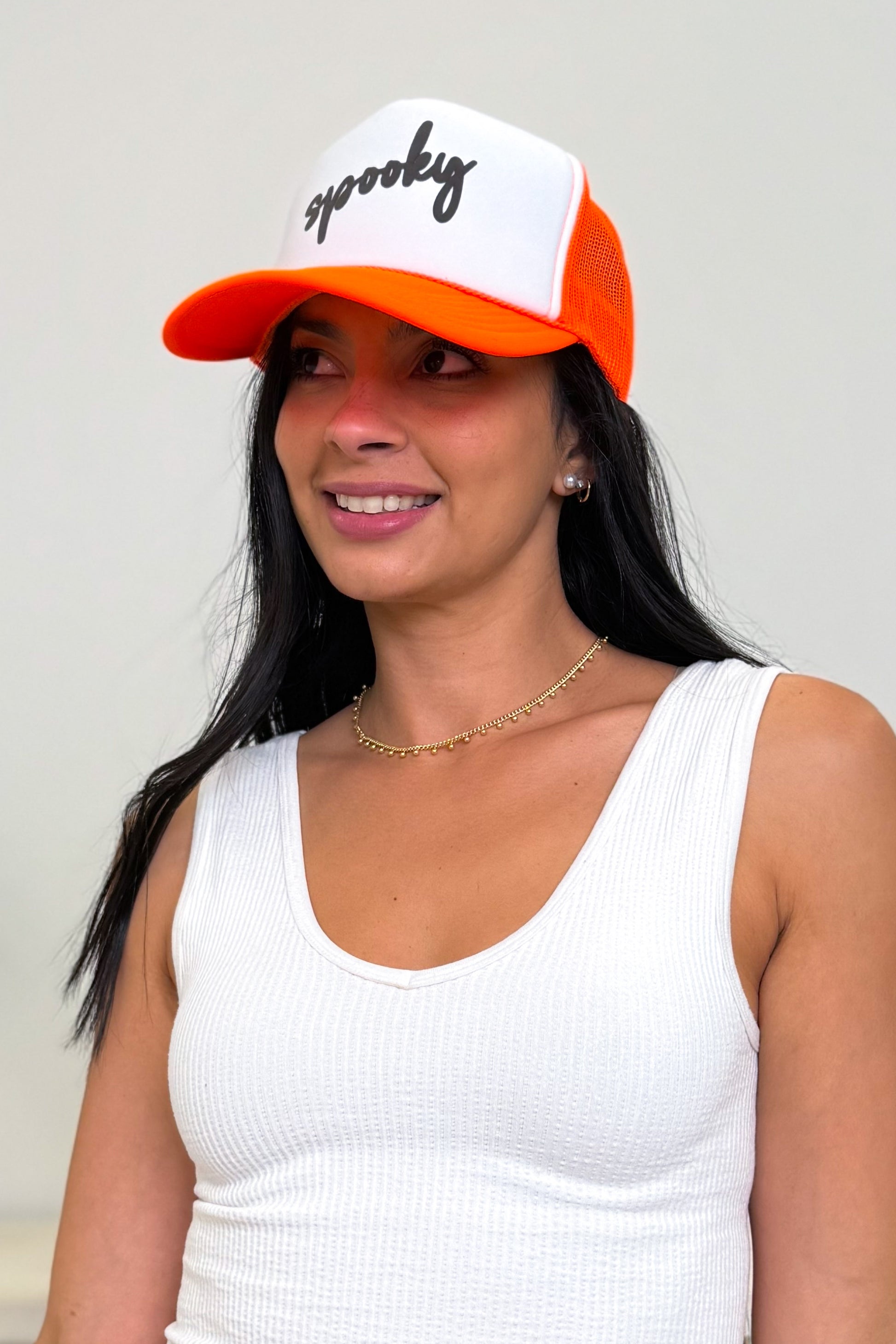 Spooky Trucker Hat - Neon Orange White