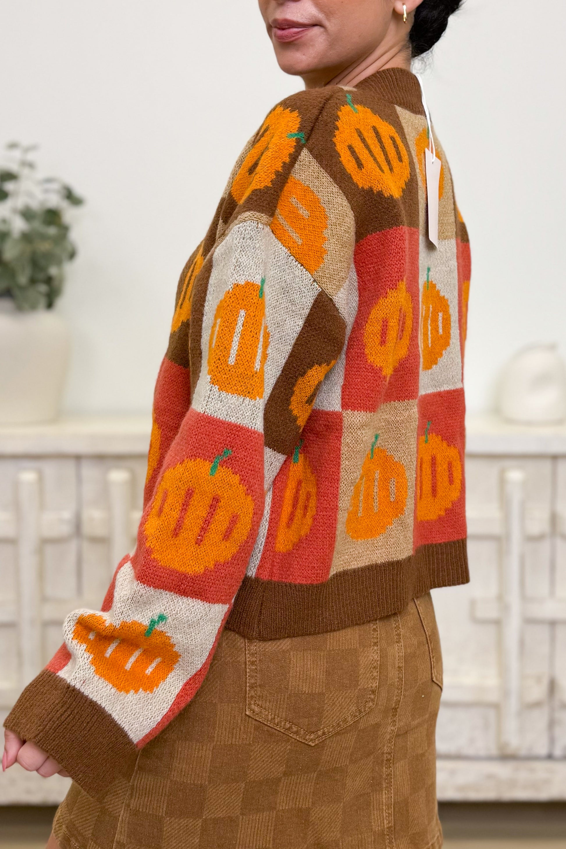 Giving Thanks Pumpkin Checkered Sweater Cardigan