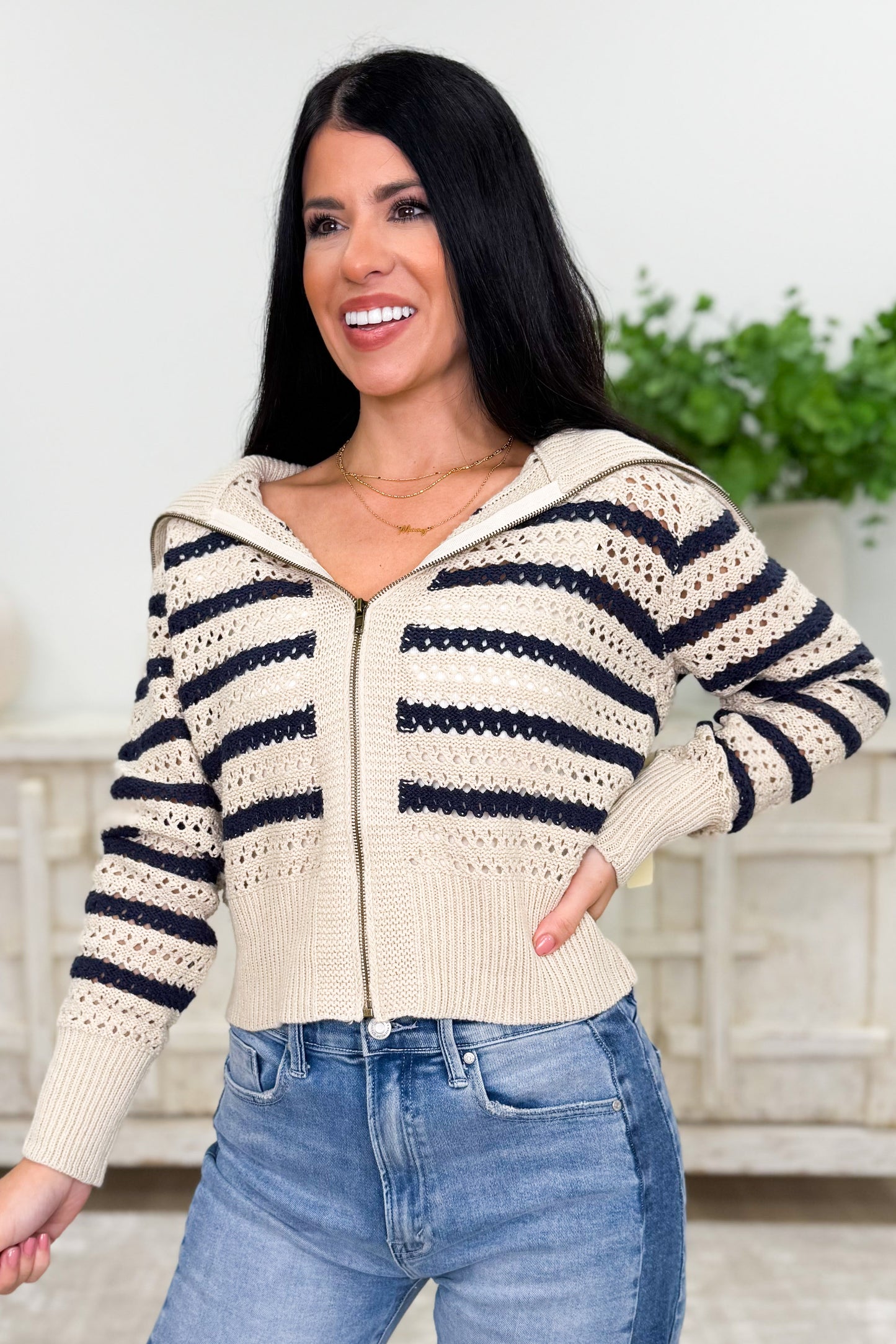 Zip It Swag It Striped Sweater Jacket - Oat