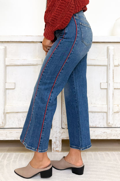 Let's Ride Wide Leg Jeans with Red Piping Detail