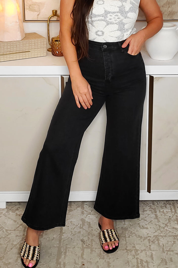One Step Ahead High Rise Wide Leg Jeans - Black
