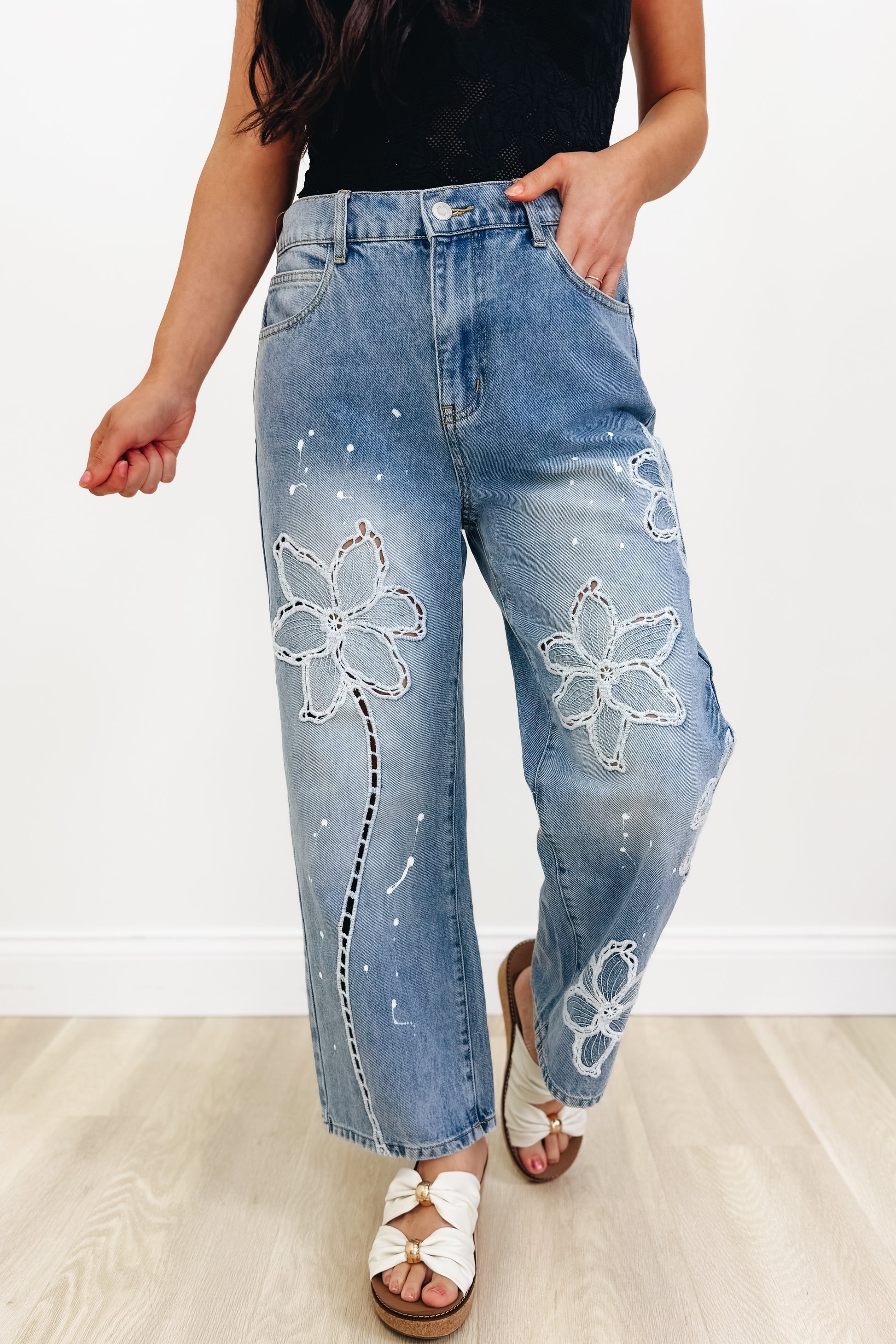 Good Day Floral Straight Leg Jeans - Denim