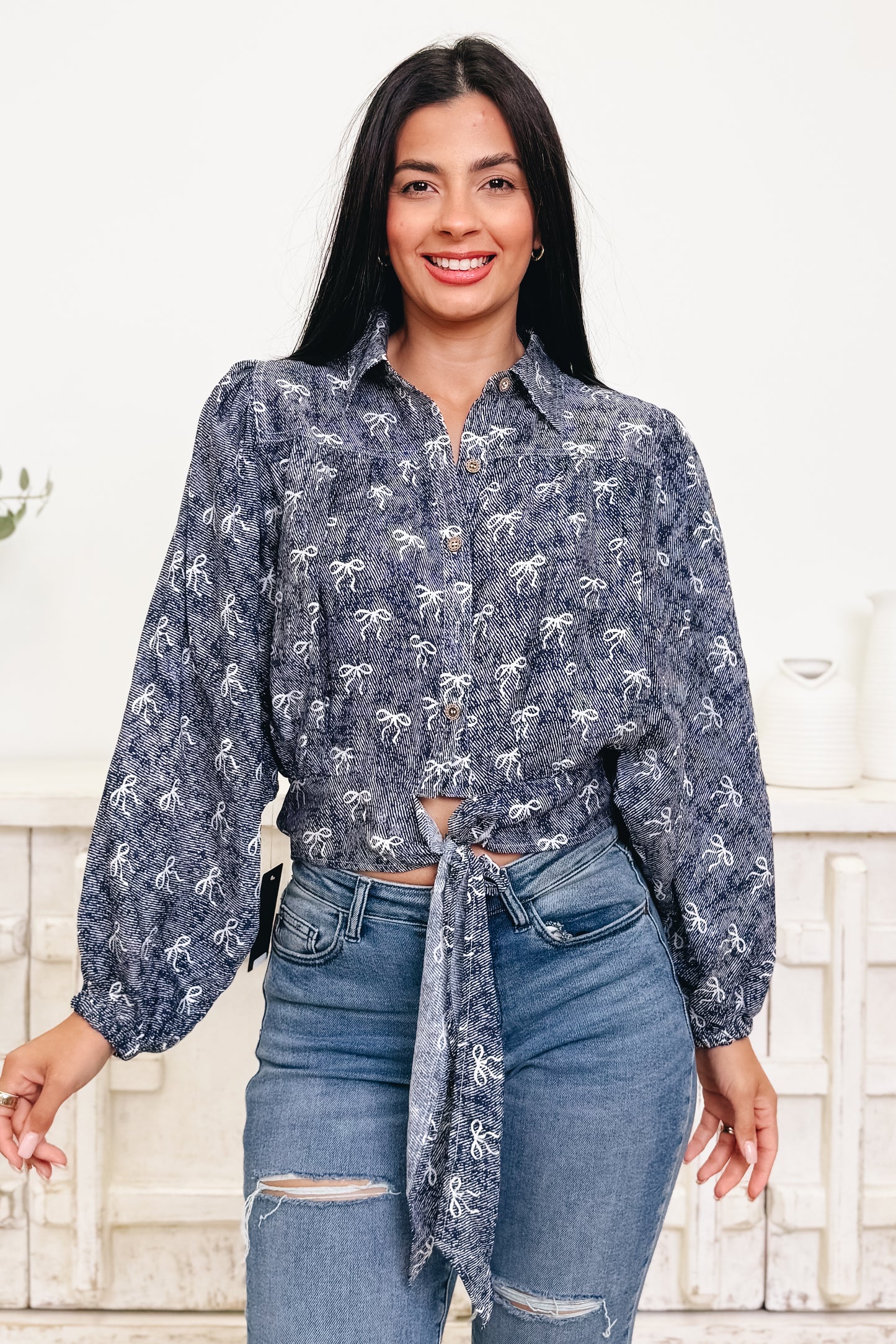 Bow & Behold Bow Button Down Top