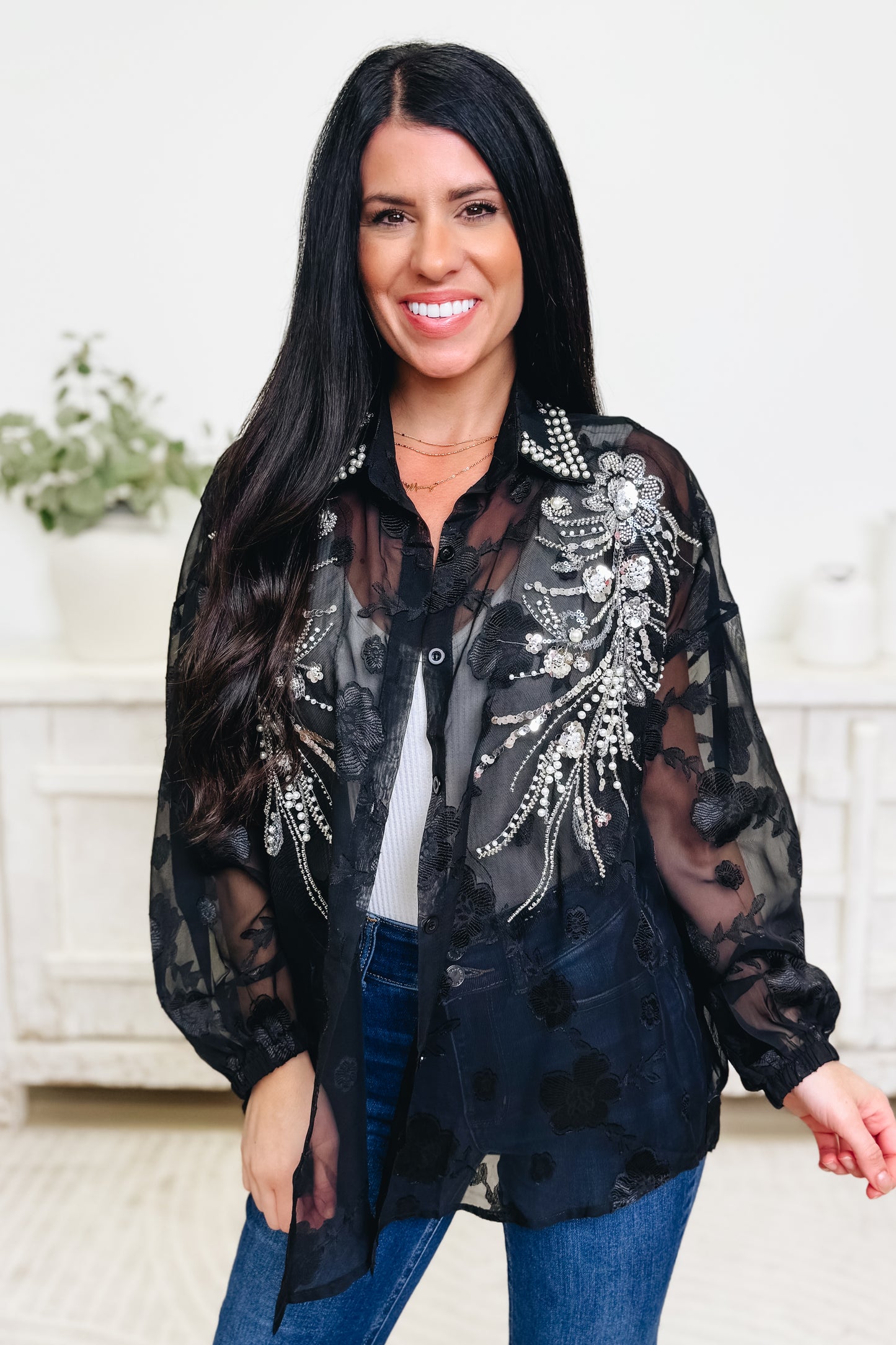 Embellishing Embrace Button Down Top