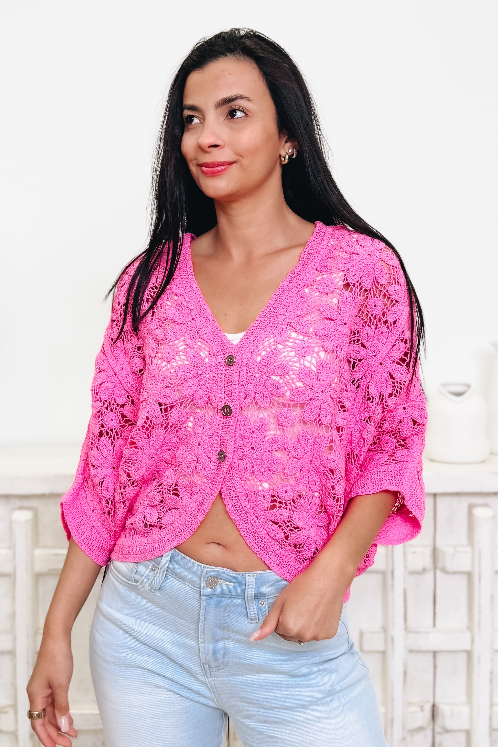 The Marge Crochet Cardigan - Bubblegum Pink